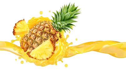 Poster Fresh ripe pineapple, slice and pineapple juice splash wave. Healthy food or tropical fruit drink liquid ad label design. Tasty smoothie splash isolated, healthy diet concept. 3D render © Corona Borealis