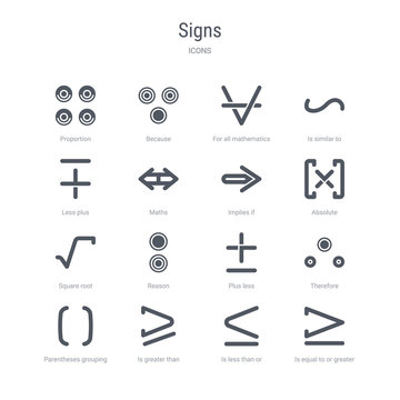 set of 16 vector icons such as is equal to or greater than, is less than or equal to, is greater than or equal to, parentheses grouping, therefore, plus less, reason, square root from signs concept.