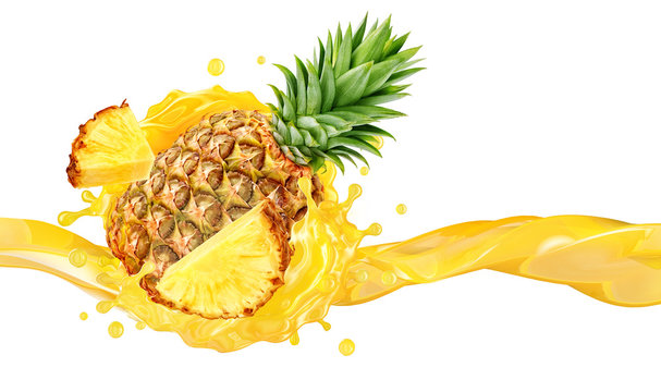 Fresh ripe pineapple, slice and pineapple juice splash wave. Healthy food or tropical fruit drink liquid ad label design. Tasty smoothie splash isolated, healthy diet concept. 3D render