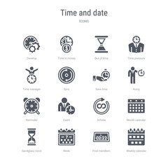 set of 16 vector icons such as weekly calendar, post meridiem, week, sandglass clock, month calendar, infinite, event, reminder from time and date concept. can be used for web, logo, ui\u002fux