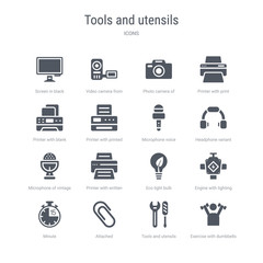 set of 16 vector icons such as exercise with dumbbells, tools and utensils, attached, minute, engine with lighting bolt, eco light bulb, printer with written paper, microphone of vintage de from