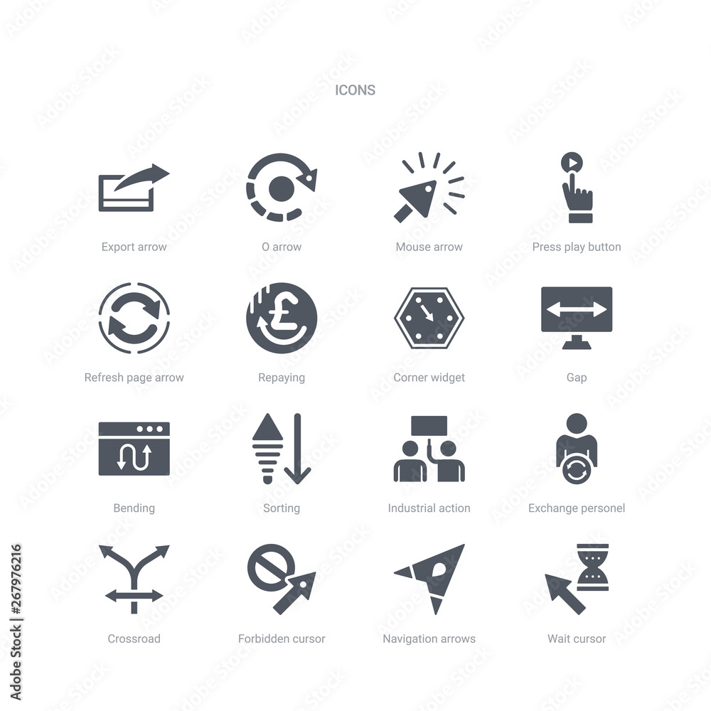 Poster set of 16 vector icons such as wait cursor, navigation arrows, forbidden cursor, crossroad, exchange