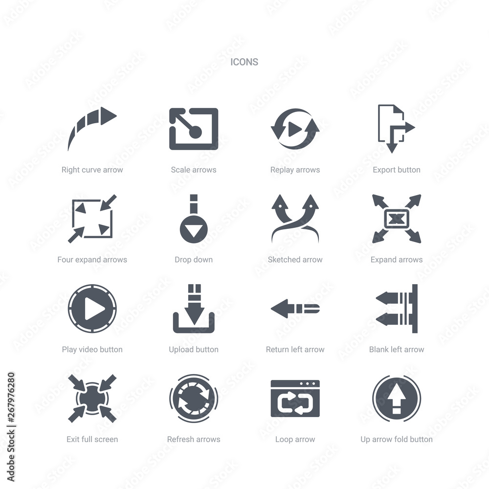Poster set of 16 vector icons such as up arrow fold button, loop arrow, refresh arrows, exit full screen ar