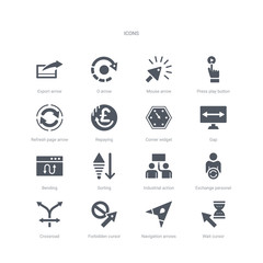 set of 16 vector icons such as wait cursor, navigation arrows, forbidden cursor, crossroad, exchange personel, industrial action, sorting, bending from ui concept. can be used for web, logo, - obrazy, fototapety, plakaty