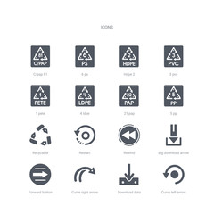 set of 16 vector icons such as curve left arrow, download data, curve right arrow, forward button, big download arrow, rewind, restart, recycable from ui concept. can be used for web, logo,