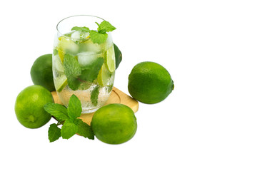 mojito cocktail with lime and mint in glass copy space