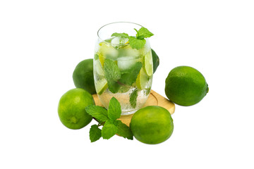 mojito cocktail with lime and mint in glass for hot summer days and good for health isolated white