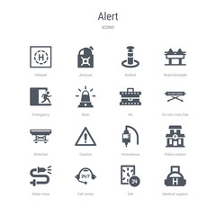set of 16 vector icons such as medical support, 24h, call center, water hose, police station, intravenous, caution, stretcher from alert concept. can be used for web, logo, ui\u002fux