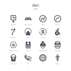 set of 16 vector icons such as medical, 911, sos, water bucket, fire button, firefighter helmet, life vest, biological hazard from alert concept. can be used for web, logo, ui\u002fux