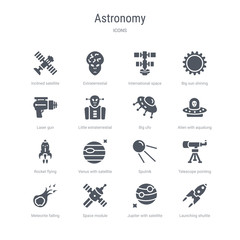 set of 16 vector icons such as launching shuttle, jupiter with satellite, space module, meteorite falling, telescope pointing up, sputnik, venus with satellite, rocket flying from astronomy concept.