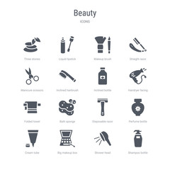 set of 16 vector icons such as shampoo bottle, shower head, big makeup box, cream tube, perfume bottle, disposable razor, bath sponge, folded towel from beauty concept. can be used for web, logo,