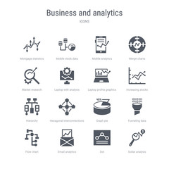 set of 16 vector icons such as dollar analysis bars, dot, email analytics, flow chart, funneling data, graph pie, hexagonal interconnections, hierarchy from business and analytics concept. can be