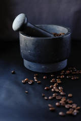 ground coffee in a black mortar. for cafes