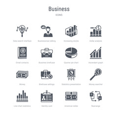 set of 16 vector icons such as rearrange, american dollar bill, identity card, line chart statistics, money searcher, statistics presentation, briefcase settings, money from business concept. can be