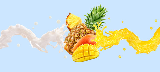 Delicious fresh fruit yogurt or cream splash wave with ripe pineapple, mango slices.  Label, banner advertising element with greek yogurt, cream, smoothie or milk, pineapple, mango. 3D 