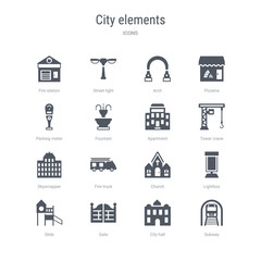set of 16 vector icons such as subway, city hall, gate, slide, lightbox, church, fire truck, skyscrapper from city elements concept. can be used for web, logo, ui\u002fux