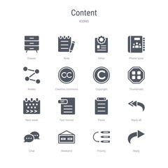 set of 16 vector icons such as reply, priority, weekend, сhat, reply all, paste, text format, next week from content concept. can be used for web, logo, ui\u002fux