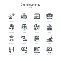 set of 16 vector icons such as population, profits, productivity, deal, growth, invoice, savings, exchange from digital economy concept. can be used for web, logo, ui\u002fux