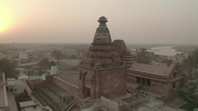 "Madana Mohana" temple in Vrindavan, India, 4k aerial ungraded/flat