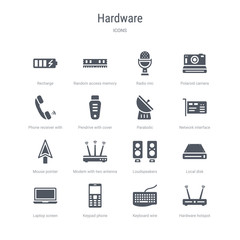 set of 16 vector icons such as hardware hotspot, keyboard wire, keypad phone, laptop screen, local disk, loudspeakers, modem with two antenna, mouse pointer from hardware concept. can be used for