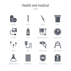 set of 16 vector icons such as medical result, medical shield, medical strip, substance, walker, ophthalmology, saline, sperm from health and concept. can be used for web, logo, ui\u002fux