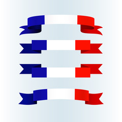 Ribbon icons flag of France on a light background Set Brochure banner layout with wavy lines of French flag ribbons Patriotic advertising greetings card abstract wavy tricolor france theme Vector icon