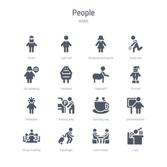 set of 16 vector icons such as lazy, lunch break, passenger, group meeting, demonstration, spinning cup, parking area, strategies from people concept. can be used for web, logo, ui\u002fux