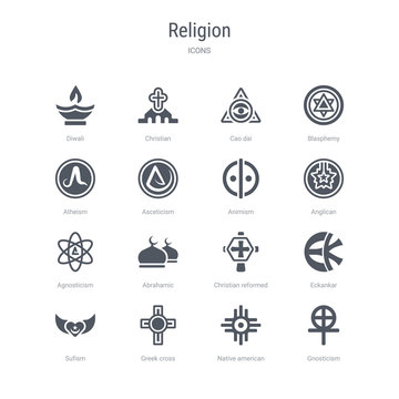 set of 16 vector icons such as gnosticism, native american sun, greek cross, sufism, eckankar, christian reformed church, abrahamic, agnosticism from religion concept. can be used for web, logo,