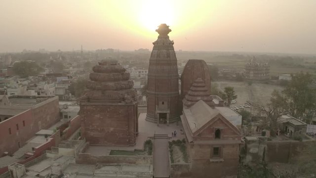 "Madana Mohana" temple in Vrindavan, India, 4k aerial ungraded/flat