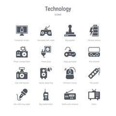 set of 16 vector icons such as old tv, radio with antenna, big walkie talkie, mic with long cable, tee power, wireless mouse, music player big speaker, cam with big len from technology concept. can
