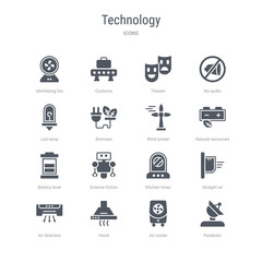 set of 16 vector icons such as parabolic, air cooler, hood, air direction, straight air, kitchen timer, science fiction, battery level from technology concept. can be used for web, logo, ui\u002fux