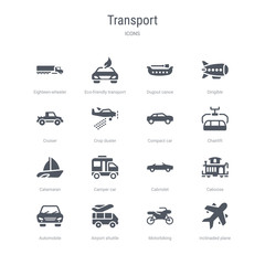 set of 16 vector icons such as inclinaded plane, motorbiking, airport shuttle, automobile, caboose, cabriolet, camper car, catamaran from transport concept. can be used for web, logo, ui\u002fux