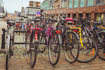 Bicycle Parking in the Finnish city of Jyvaskyla. many bicycles of different colors