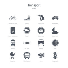 set of 16 vector icons such as longboard, blimp, public transport, babysitter, shift, stability, car lights, boating from transport concept. can be used for web, logo, ui\u002fux