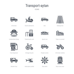 set of 16 vector icons such as boat front view, ship helm, helicopter profile, modern bus, all terrain vehicle, people carrier, vintage bicycle, fuel dispenser from transport-aytan concept. can be