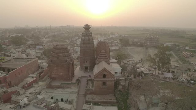 "Madana Mohana" temple in Vrindavan, India, 4k aerial ungraded/flat