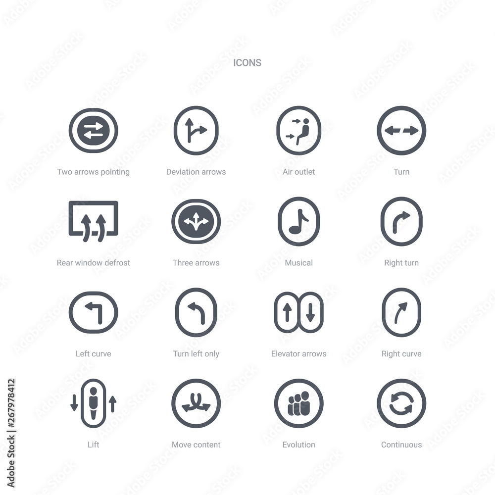 Poster set of 16 vector icons such as continuous, evolution, move content, lift, right curve, elevator arro