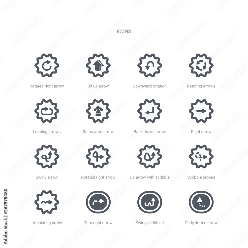 Poster set of 16 vector icons such as curly dotted arrow, swirly scribbled arrow, turn right arrow with bro