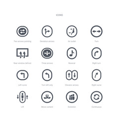 set of 16 vector icons such as continuous, evolution, move content, lift, right curve, elevator arrows, turn left only, left curve from ui concept. can be used for web, logo, ui\u002fux