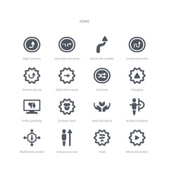 set of 16 vector icons such as movie play button, road, increase success, multitasking worker, archery champion, hand and sprout, ecologic heart, online gambling from ui concept. can be used for