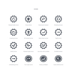 set of 16 vector icons such as curly dotted arrow, swirly scribbled arrow, turn right arrow with broken line, undulating scribble broken line, up with scribble, rotated right with broken line,