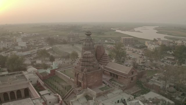 "Madana Mohana" temple in Vrindavan, India, 4k aerial ungraded/flat