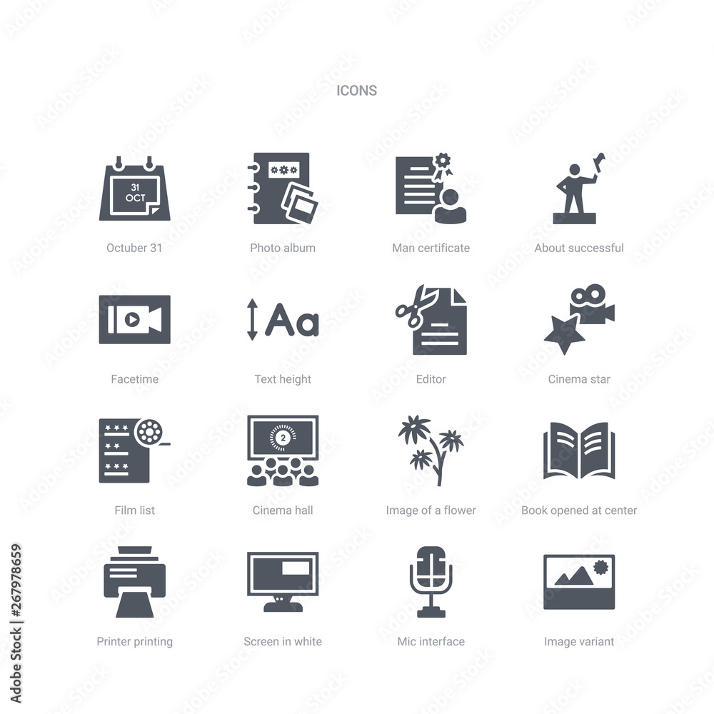 Poster set of 16 vector icons such as image variant, mic interface, screen in white, printer printing squar