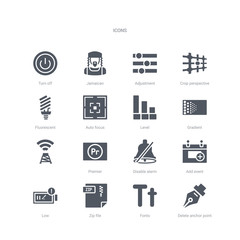 set of 16 vector icons such as delete anchor point, fonts, zip file, low, add event, disable alarm, premier,   from ui concept. can be used for web, logo, ui\u002fux