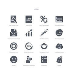 set of 16 vector icons such as labels, confirmity, anonymous message, smiles, loading process, pentagonal chart, loading indicator, reload pie chart from ui concept. can be used for web, logo,