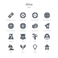 set of 16 vector icons such as hut, pendant, maraca, river, gorilla, marula, rhino, waterfall from africa concept. can be used for web, logo, ui\u002fux