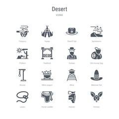 set of 16 vector icons such as fennec, holster, horse saddle, lasso, mexican hat, mine, mine wagon, noose from desert concept. can be used for web, logo, ui\u002fux