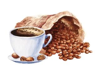 Fotobehang Koffie Hand getekende aquarel kopje zwarte koffie met zak bonen geïsoleerd op een witte achtergrond. Voedsel illustratie.