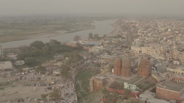 "Madana Mohana" temple in Vrindavan, India, 4k aerial ungraded/flat