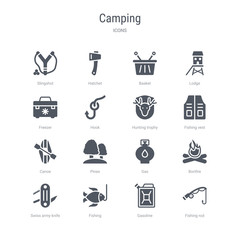 set of 16 vector icons such as fishing rod, gasoline, fishing, swiss army knife, bonfire, gas, pines, canoe from camping concept. can be used for web, logo, ui\u002fux